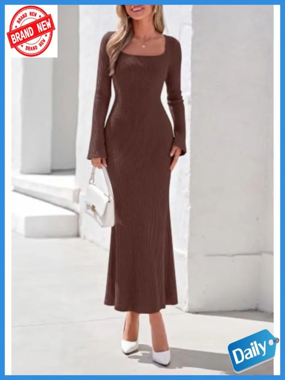 PRETTYGARDEN Women's Long Sleeve Maxi Bodycon Dress Ribbed Knit Bell Sleeve - Picture 3 of 6